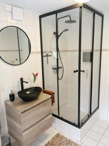 a bathroom with a sink and a glass shower at Vrijstaande woning met geweldige omheinde tuin aan bosrand in Ermelo