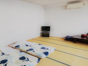 um quarto com uma cama e uma televisão em ニャー助のホテルん em Shakotan