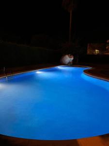 une piscine bleue éclairée la nuit dans l'établissement Dreams Apartment Vilafortuny, à Cambrils