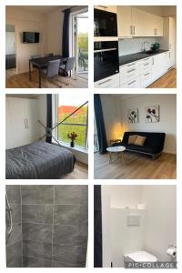 瓦埃勒的住宿－City Apartment Dæmningen Vejle，卧室和客厅的照片拼合在一起
