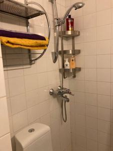 ein weiß gefliestes Bad mit WC und Handtüchern in der Unterkunft Scenic apartment close to nature in Helsinki in Helsinki