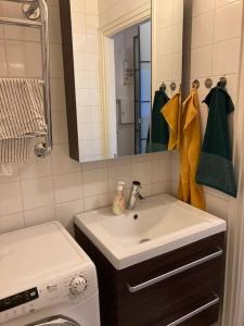 赫爾辛基的住宿－Scenic apartment close to nature in Helsinki，一间带水槽、卫生间和镜子的浴室