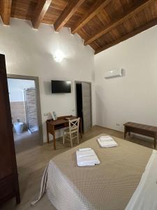 a bedroom with a bed and a desk and a television at B&B Vittorio Emanuele in Cirò Marina