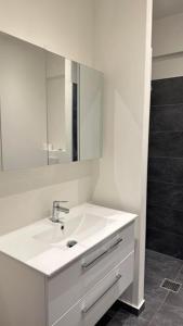a white bathroom with a sink and a mirror at City Apartment Dæmningen Vejle in Vejle
