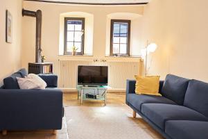 a living room with two blue couches and a television at Mählich Haus in Manderscheid