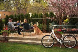 un cane seduto accanto a due persone seduto a un tavolo con una bicicletta di The Roosevelt Inn a Coeur d'Alene