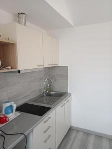 a kitchen with white cabinets and a sink at Asuka Apartmani 飞鸟客 in Surčin