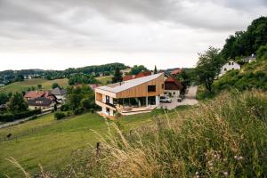 uma casa no topo de uma colina verde em Haus Moosberg - Erholung bei Seeblick und Ruhe em Gmunden