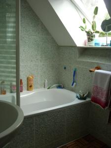 Un baño con bañera, lavabo y ventana. en Chambre chez l'habitant vue sur jardin, parking, en Le Rheu