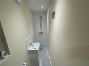 a white bathroom with a sink and a shower at Big 1 Bedroom London House 2 bathroom in Plumstead