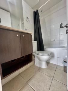 a bathroom with a toilet and a sink and a shower at Gran Terraza con Vista Apoquindo, Apartamento para 4 Personas, Las Condes in Santiago