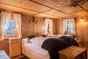 a bedroom with a bed in a cabin with windows at Mountain Chalet Obertreyen in Campo Tures