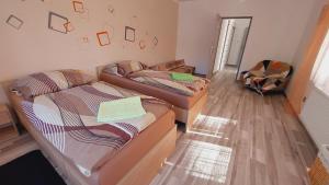 a room with two beds and a couch at Apartmán Budín - v klidu přírody, s parkováním in Nové Město nad Metují