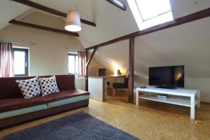 ein Wohnzimmer mit einem Sofa und einem Flachbild-TV in der Unterkunft Apartmány Milenium in Liberec