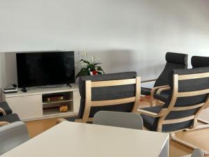 Puebla del BrollónALBERGUE A POBRA DO BROLLON的客厅配有2把椅子和平面电视