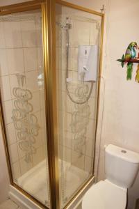 a shower stall in a bathroom with a toilet at Lake District 4 Bedroom House, Ings, Cumbria. in Kendal