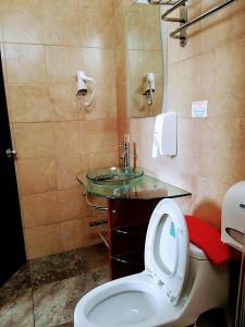 y baño con aseo y lavamanos. en La Villa de Norma en Guayaquil