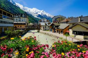 uma cidade com flores e uma montanha ao fundo em Chamonix Sud - Bâtiment Iris 374 - Happy Rentals em Chamonix-Mont-Blanc