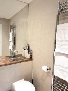 y baño con aseo y espejo. en Beautiful 2 Bed Apartment In Bow en Londres