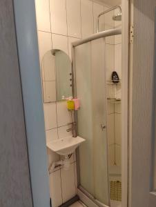 uma casa de banho com um lavatório e um espelho em Квартира 1-кімнатна в центрі Миргорода. em Myrhorod
