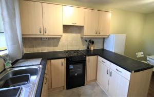 a kitchen with wooden cabinets and a black counter top at St James House - Charming 3 bed, 2 bathrooms, driveway parking, close to town centre in Newcastle upon Tyne
