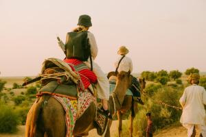 um grupo de pessoas montadas nas costas de elefantes em Sagar Guest House em Jaisalmer