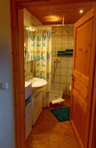 uma casa de banho com um lavatório e uma cortina de chuveiro em Ferienwohnung Peuker em Neukirchen bei Sulzbach-Rosenberg