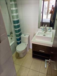 a bathroom with a toilet and a sink and a mirror at Depto. Full equipado in Iquique