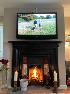 een woonkamer met een open haard en een televisie erboven bij The Gate-Lodge at Levally House in Monea