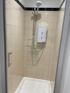W łazience znajduje się prysznic i toaleta. w obiekcie The Gate-Lodge at Levally House w mieście Monea