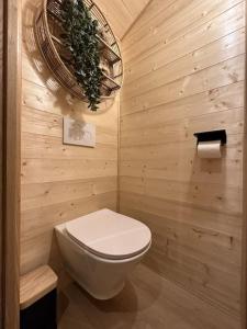 a wooden bathroom with a toilet and a plant at Le chalet du lys avec bain scandinave Insolys in Gouvieux