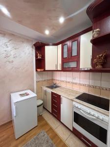 eine Küche mit Holzschränken und einem weißen Kühlschrank in der Unterkunft Stan Aleksić in Šabac