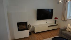 sala de estar con TV de pantalla plana en la pared en Apartment Bachweg, en Forstau