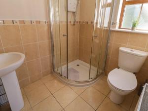 uma casa de banho com um chuveiro, um WC e um lavatório. em Owen Tucker View House em Ardara