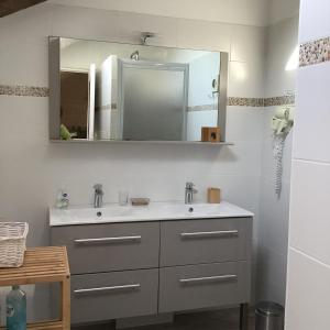 uma casa de banho com um lavatório e um espelho em Chambre d'hôtes Maison des 5 Fleurs em Heugas