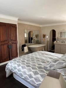 um quarto com uma cama grande e uma banheira em Les Trois soleils em Roquebrune-sur-Argens