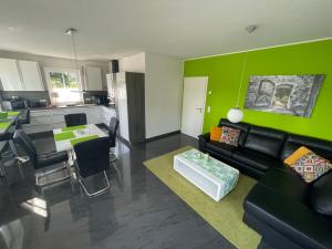Karins Kotte في بابينبورغ: غرفة معيشة مع أريكة سوداء وجدار أخضر