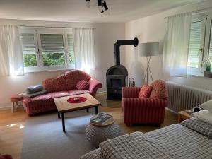 a living room with a couch and a wood stove at Ferienwohnungen Mews in Immenstadt im Allgäu