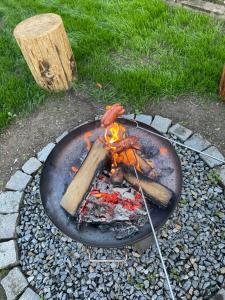 a grill with a fire in a stone circle at Šumavský grunt in Podmokly