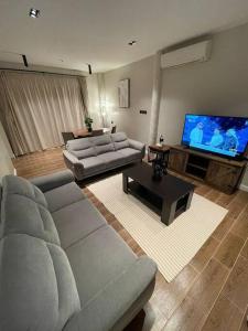 الهدا في الهدا: غرفة معيشة مع أريكة وتلفزيون بشاشة مسطحة