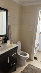 ein Badezimmer mit einem WC, einem Waschbecken und einem Spiegel in der Unterkunft מורדות עין כרם in ‘En Kerem
