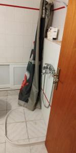 uma cortina de chuveiro na casa de banho com uma mangueira em Apartment in the Center of Aigio Dimitropoulos em Aigio