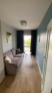 - un salon avec un canapé et une fenêtre dans l'établissement Apartament GJ PLAZA, à Kielce