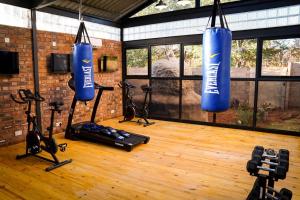 um ginásio com dois sacos de boxe azuis pendurados no tecto em Modern deluxe with kitchenette and pool - 2148 em Victoria Falls