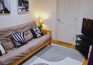 a living room with a couch and a television at Modern 2 Bedroom Apartment in Peckham London in London