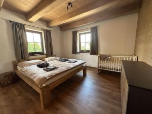 een slaapkamer met een groot bed en 2 ramen bij Chalupa Jizerka in Plavy +29 foto's