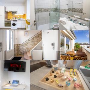 un collage de cuatro fotos de un baño en Soleil d'Été - Netflix & Wifi - Balcon - Parking Gratuit - check-in 24H24 - GoodMarning, en Châlons-en-Champagne