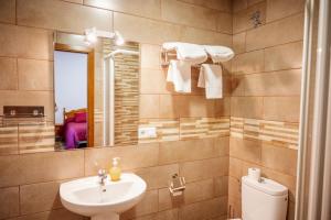La salle de bains est pourvue d'un lavabo, d'un miroir et de toilettes. dans l'établissement Rollo Campillo, à Trujillo