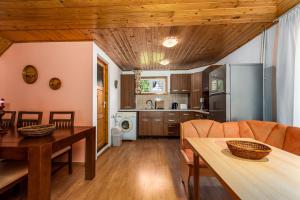 a kitchen and living room with a table and chairs at Oasis Mountain Villa in Braşov