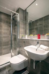 a bathroom with a sink and a toilet and a shower at Coleman Court Summer Accommodation in Cork